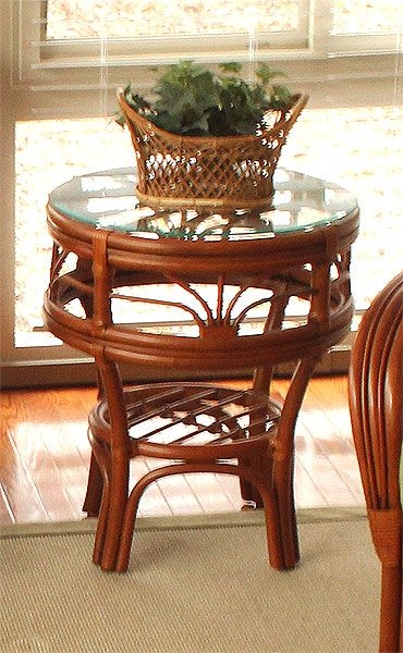 Two-Tiered Rattan End Table Glass Insert Top Lower Shelf Tropical Style