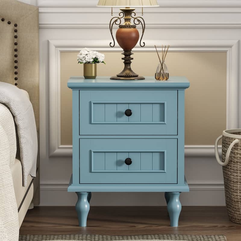 Two-Tone Bedroom Storage Nightstand, Off-White and Wood, Cutout Handles