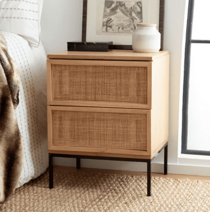 Two-Tone Boho Nightstand with Cane Inlay & Cutout Pulls
