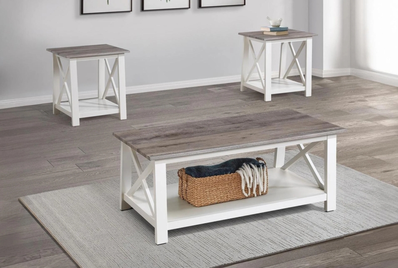 Two-Tone Coffee Table Set Grey and White Wood Open Shelves
