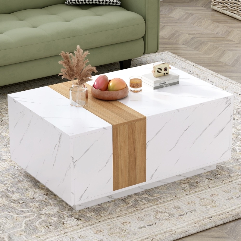 Two-Tone Coffee Table with White Faux Marble and Walnut Storage Drawers