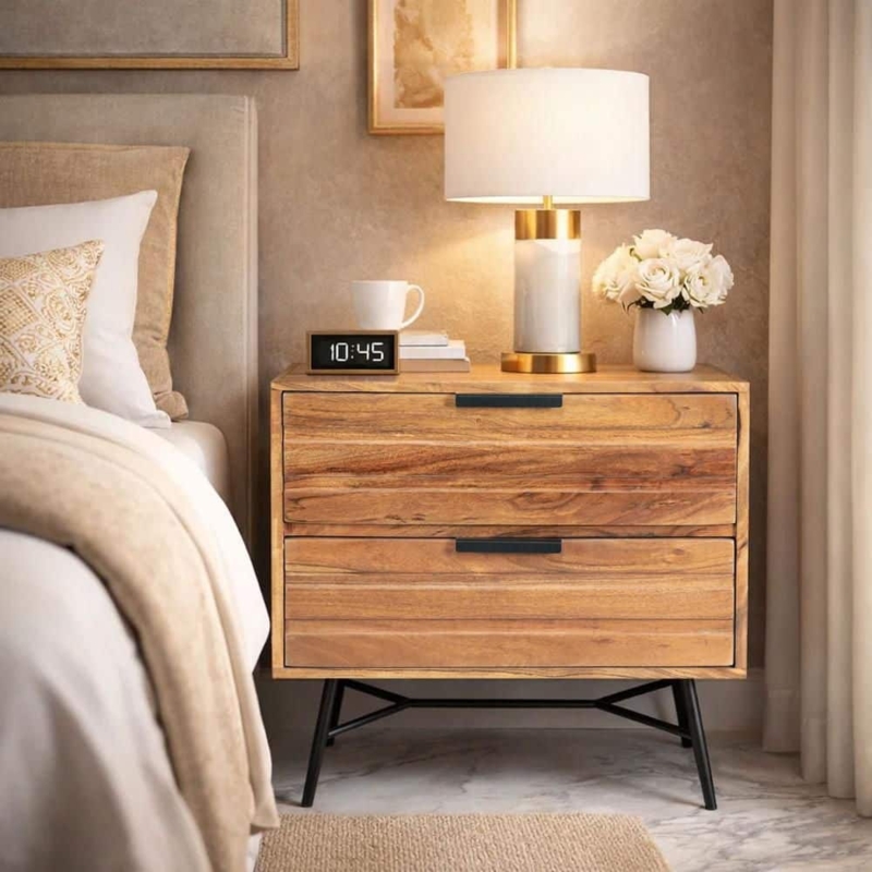 Two-Tone Nightstand Black and Brown with Splayed Metal Legs