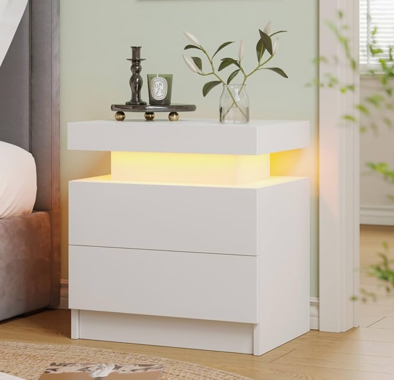 Two-Tone Nightstand with LED Lighting, Wood & White, Tapered Legs