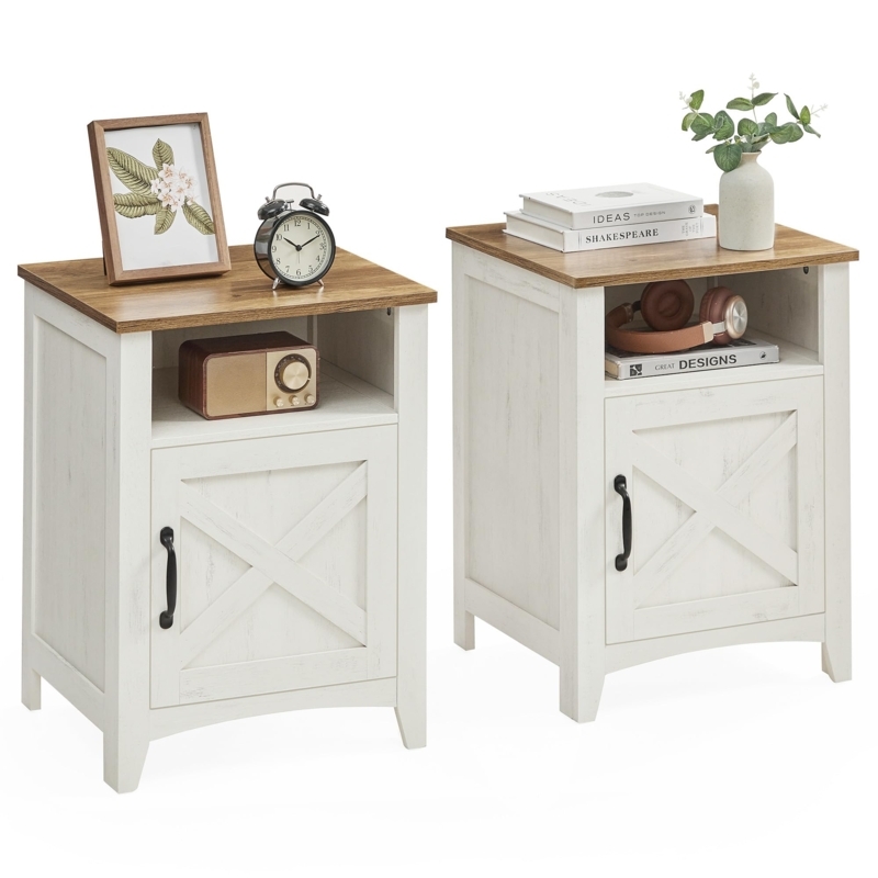 Two Tone Nightstand with Sliding Barn Door and Open Compartment