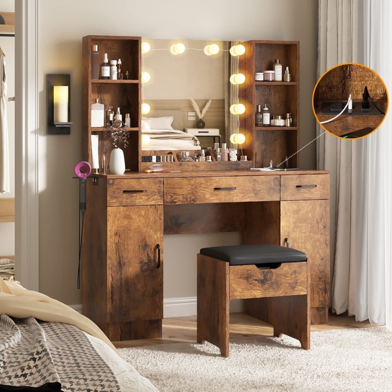 Two-Tone Vanity with Gold Accents and Integrated LED Mirror