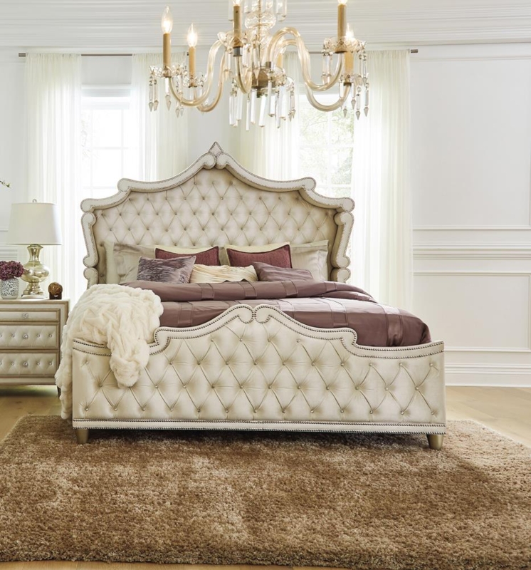 Two-Toned Queen Bed in Ivory and Camel with Wingback Button Tufting