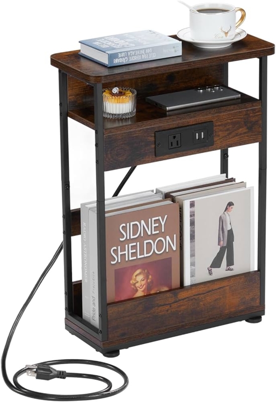 Ultra Narrow Side Table 3-Tier Rustic Brown with Charging Station