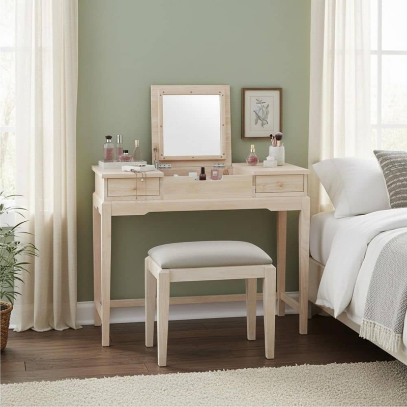 Unfinished Wood Vanity Set with Flip-Top Mirror and Stool