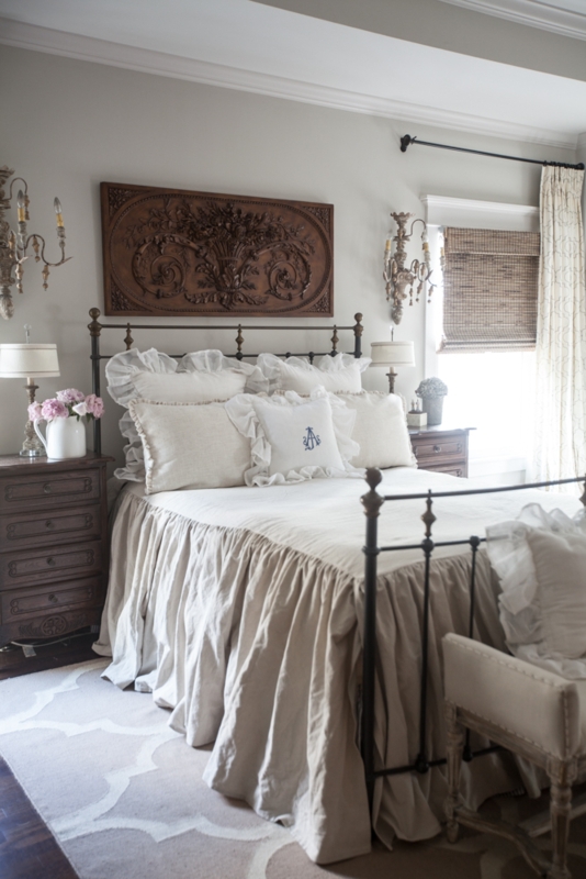 Upholstered Bed Arched Headboard Natural Wood Trim Farmhouse Style