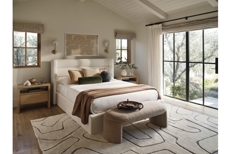 Upholstered Bed Arched Headboard Transitional Style Neutral Palette