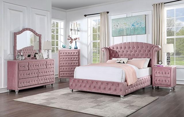 Upholstered Bed Bedroom Collection, Pink Velvet Crystal Button Tufted Glam
