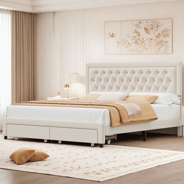 Upholstered Bed Beige Button Tufted with Adjustable Headboard Storage