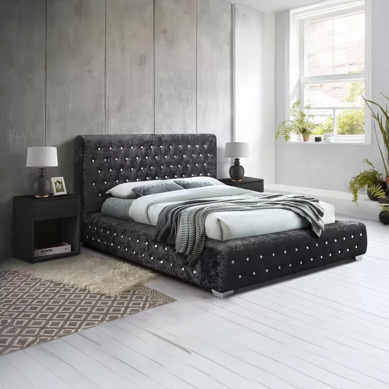 Upholstered Bed Black Crushed Velvet Wingback Diamante Tufting Glam