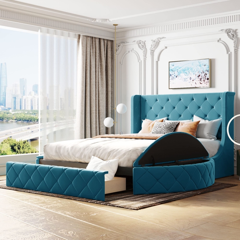Upholstered Bed Blue Velvet Wingback with Matching Foot Stools Storage