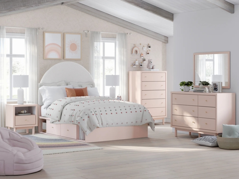 Upholstered Bed Blush Pink Channeled Headboard Integrated Storage Drawer
