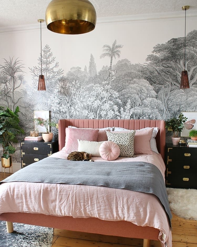 Upholstered Bed Blush Pink Velvet Wingback Black Campaign Nightstands