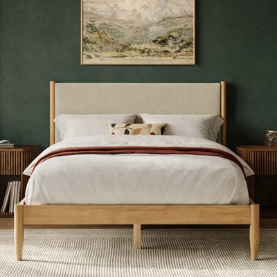 Upholstered Bed Boucle Natural Wood Frame Curved Headboard Japandi Style