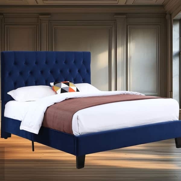 Upholstered Bed Button Tufted Wingback Headboard Tapered Wood Legs