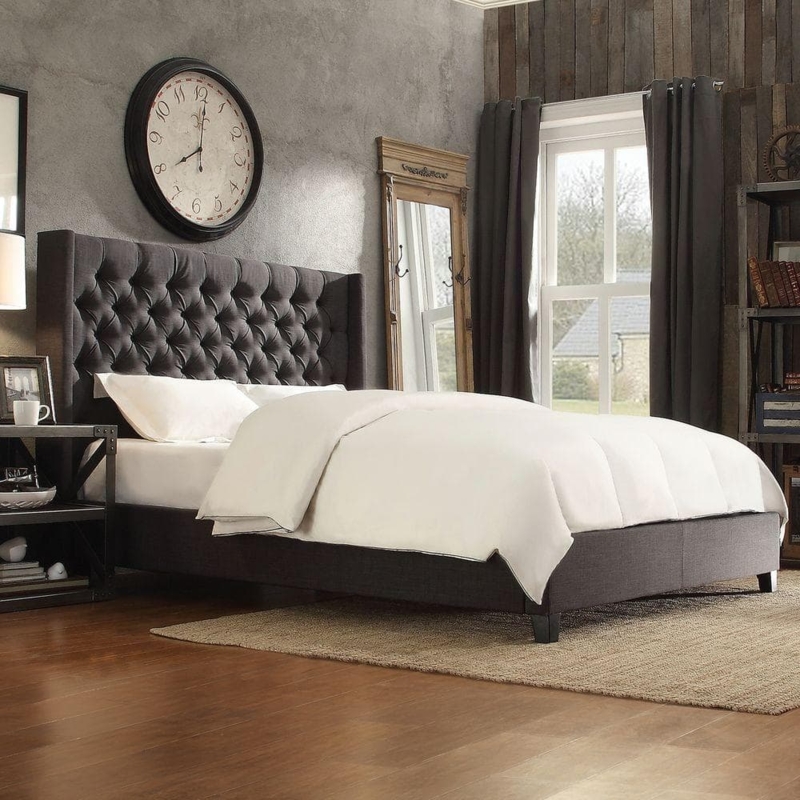 Upholstered Bed Button Tufted Wingback Headboard Transitional Style