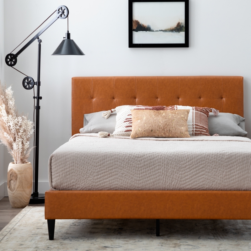 Upholstered Bed Camel Faux Leather Square Tufted Low Profile