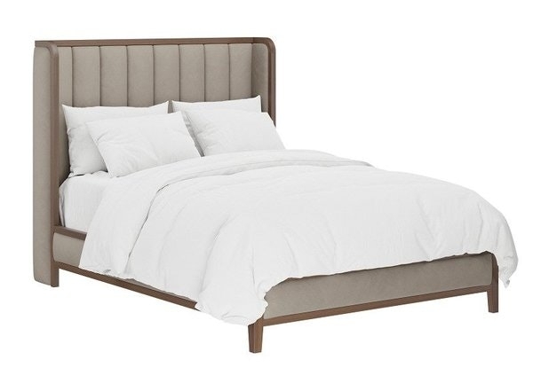 Upholstered Bed Channeled Headboard Cream Fabric Vertical Ribbing