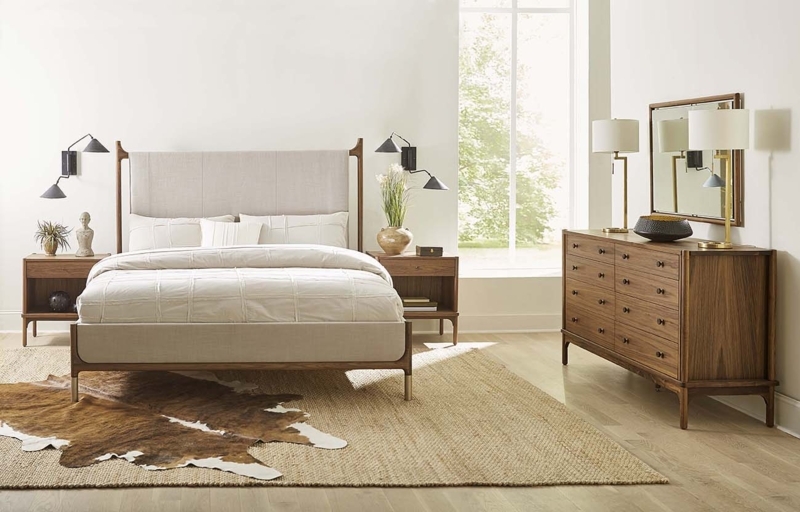 Upholstered Bed Channeled Headboard Walnut Frame Mid Century Set