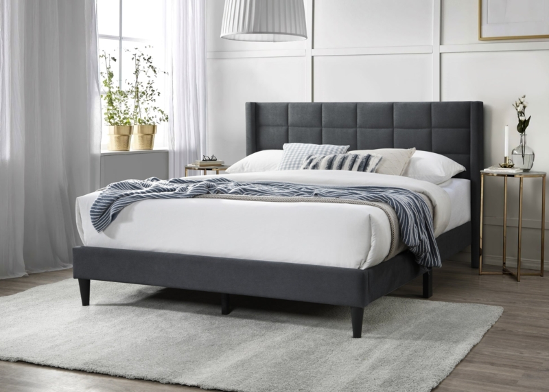 Upholstered Bed Charcoal Linen Fabric Vertical Channel Tufting
