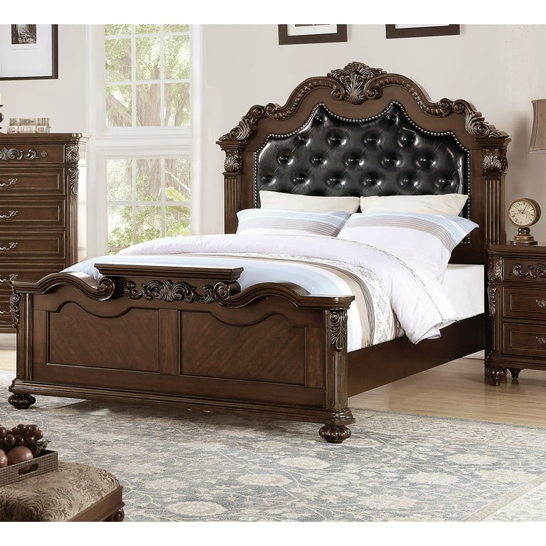 Upholstered Bed Classic Espresso Scrollwork Crown Tufted