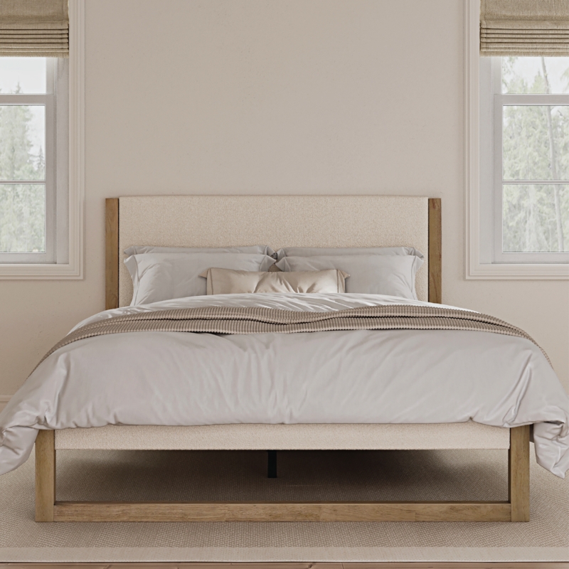 Upholstered Bed Cream Boucle Tall Rounded Headboard