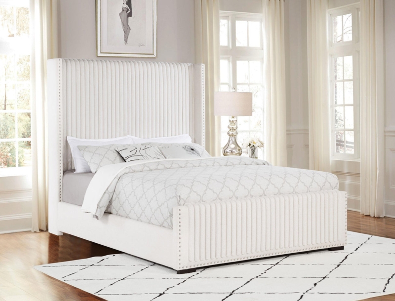 Upholstered Bed Cream Tall Wingback Headboard Button Tufting Transitional
