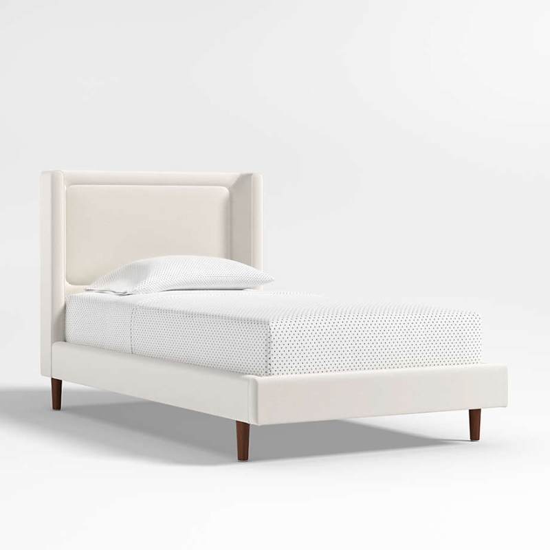 Upholstered Bed Curved Headboard Textured Off-White Wood Legs