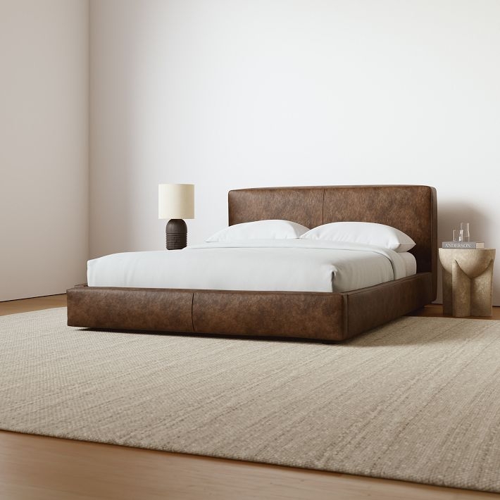 Upholstered Bed Curved Headboard Tobacco Leather Tapered Legs