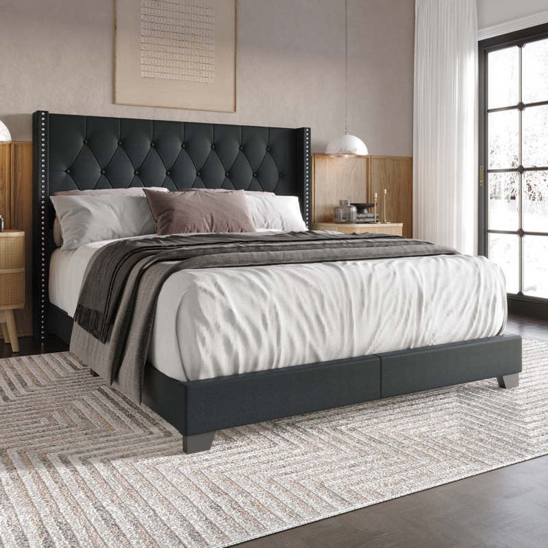 Upholstered Bed Deep Diamond Button Tufted Wingback Glam