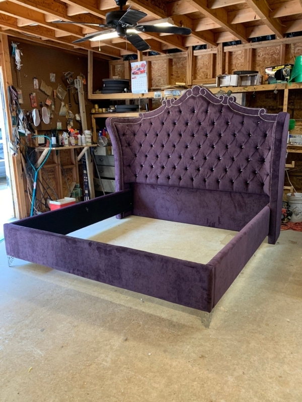 Upholstered Bed Deep Purple Velvet Diamond Tufting Extra Tall Headboard