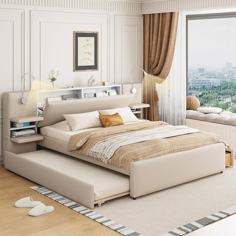Upholstered Bed Flip Up Storage Headboard Integrated Reading Lights