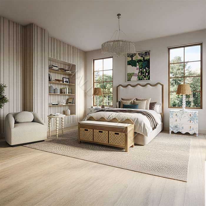 Upholstered Bed Fluted Wooden Legs Gustavian Silhouette Minimalist