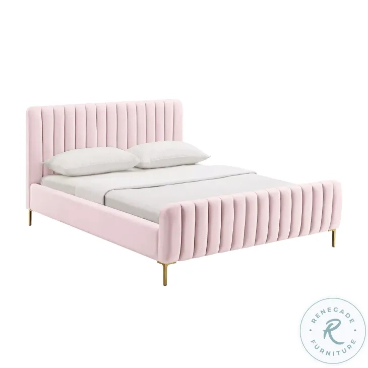 Upholstered Bed Frame Blush Pink Vertical Channeling Gold Tapered Legs