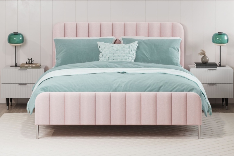 Upholstered Bed Frame, Plush Blush Pink Velvet with Padded Side Rails