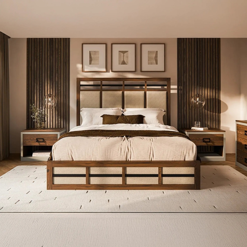 Upholstered Bed Framed Headboard Rustic Style Wood Frame
