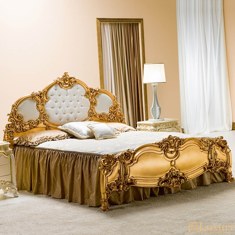 Upholstered Bed Gold Leaf Ornate Carvings Champagne Tufted Rococo