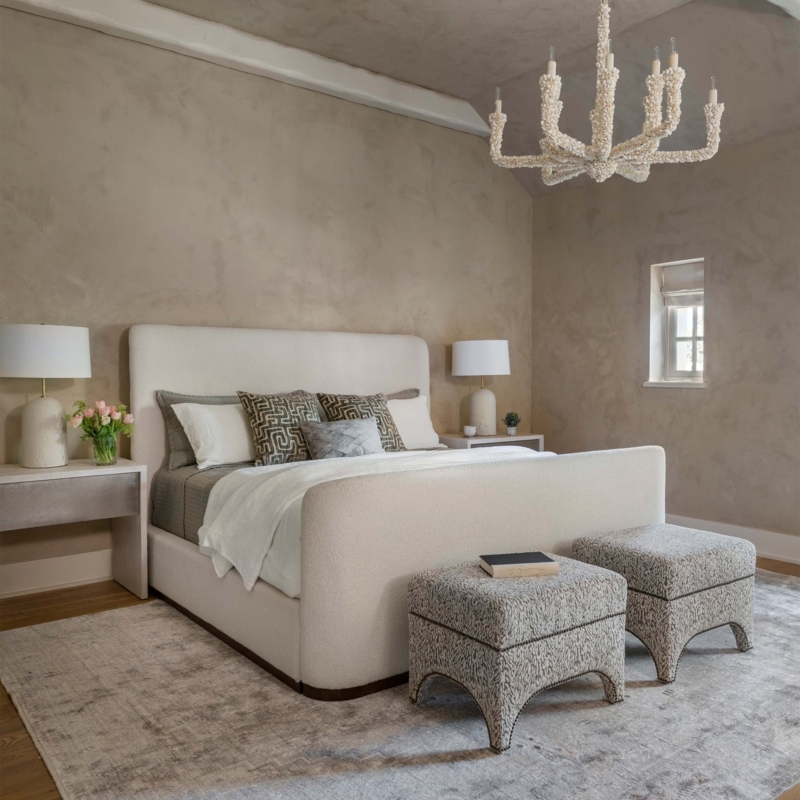 Upholstered Bed in Cream with Arced Headboard and Low Profile Design