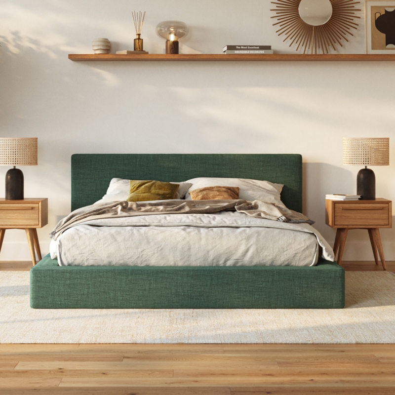 Upholstered Bed in Forest Green Fabric with Rounded Corners
