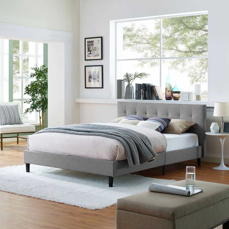 Upholstered Bed in Light Gray with Tapered Legs, Scandinavian Style