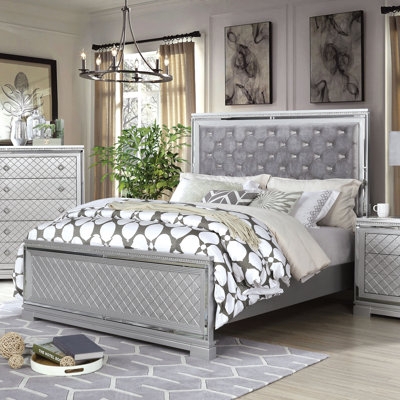 Upholstered Bed in Silver Fabric with Wingback Silhouette