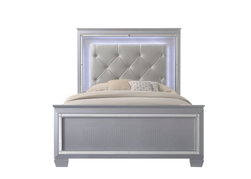Upholstered Bed in Silver Velvet with LED Headboard and Diamond Tufting