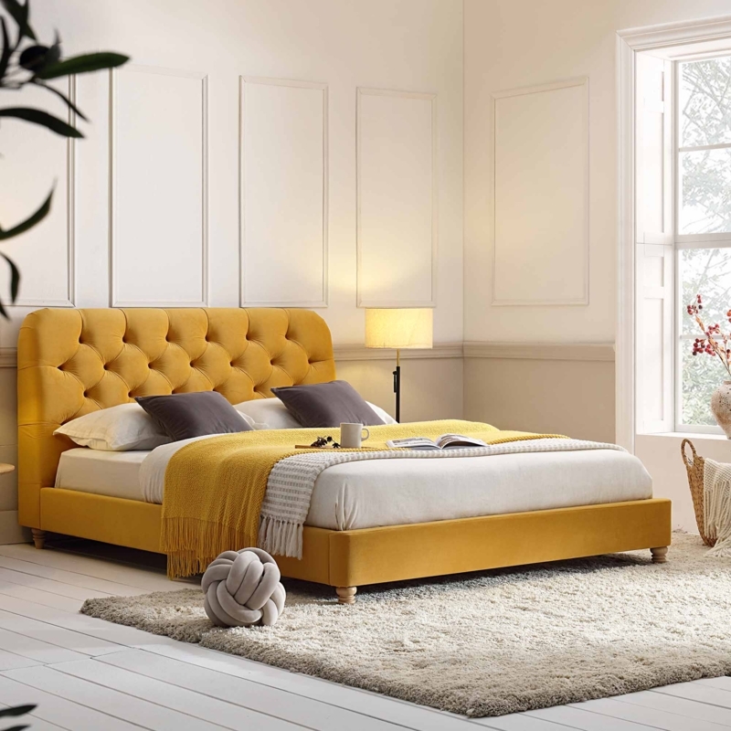 Upholstered Bed in Turmeric Yellow Velvet with Deep Button Tufting
