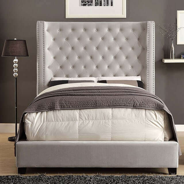 Upholstered Bed Ivory Diamond Tufted Headboard With Nailheads