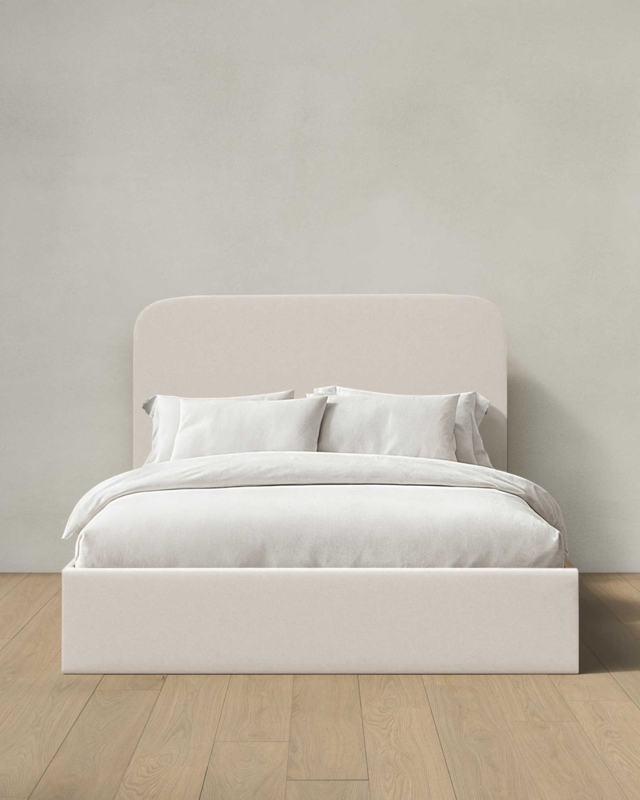 Upholstered Bed, Ivory Linen-Like with Curved Headboard Focal Point