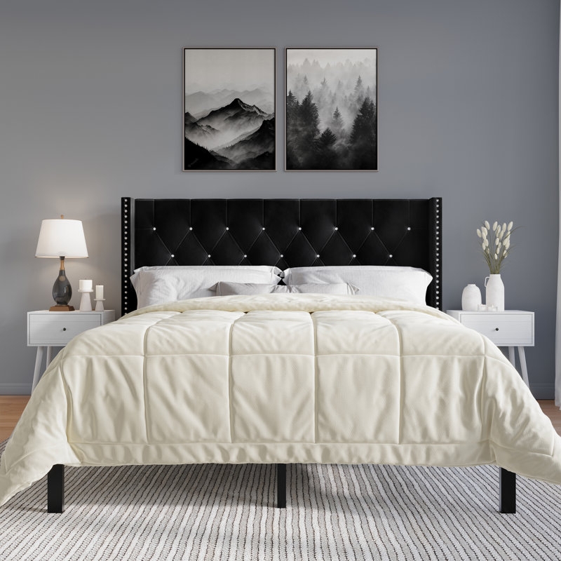 Upholstered Bed Light Blue Velvet Wingback Diamond Button Tufting