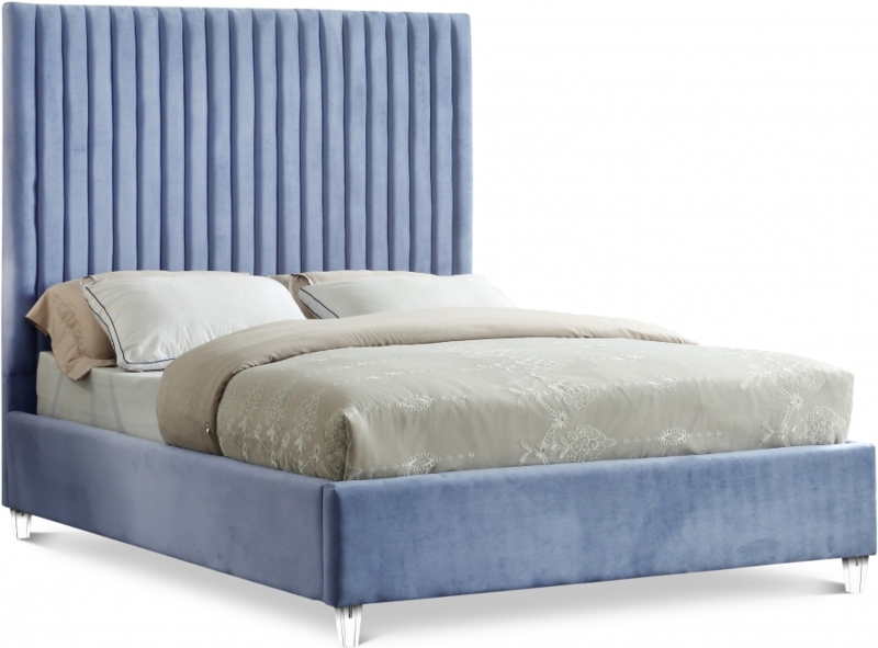 Upholstered Bed: Light Blue Velvet Winged Headboard and Gold Feet